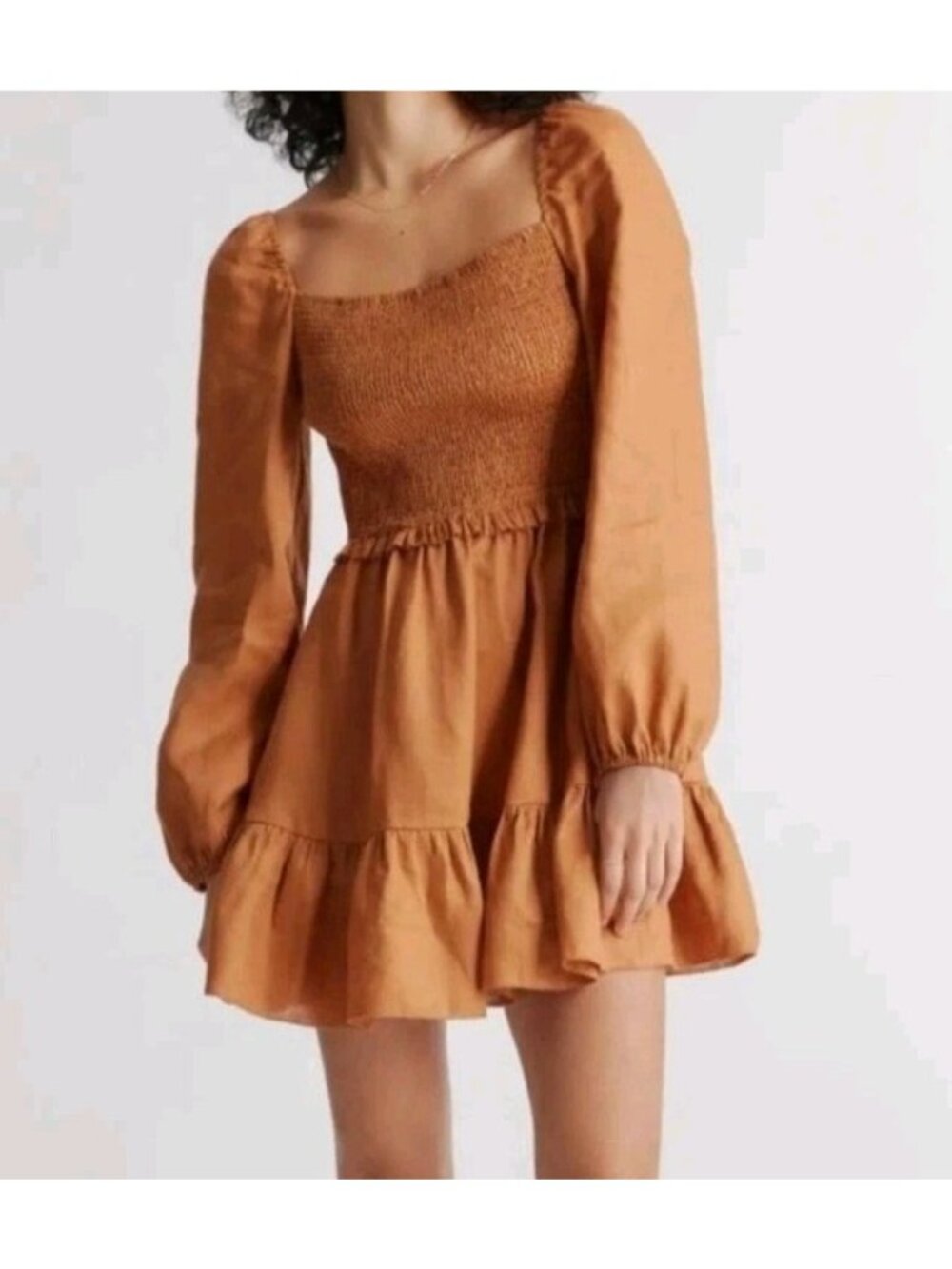 Quince European Linen Smocked Mini Dress Terracotta Brown Size L Puff Sleeve